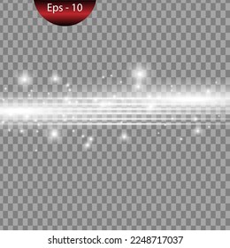 White horizontal lens flares pack. Laser beams, horizontal light rays.Beautiful light flares. Glowing streaks on dark background. Luminous abstract sparkling lined background.