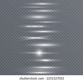 White horizontal lens flares pack. Laser beams, horizontal light rays. Collection effect light White line png. Beautiful light flares. Glowing streaks on light background.