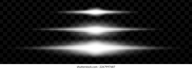 White horizontal lens flares pack. Laser beams, horizontal light rays. Beautiful light flares. Glowing streaks on light background. Luminous abstract sparkling lined background.