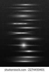 White horizontal lens flares pack. Laser beams, horizontal light rays. Collection effect light White line png. Beautiful light flares. Glowing streaks on light background.