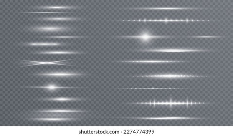 White horizontal lens flares pack. Laser beams, horizontal light rays. Collection effect light White line png. Beautiful light flares. Glowing streaks on light background.
