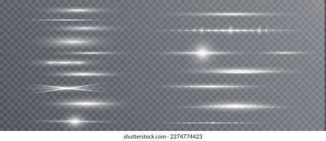 White horizontal lens flares pack. Laser beams, horizontal light rays. Collection effect light White line png. Beautiful light flares. Glowing streaks on light background.