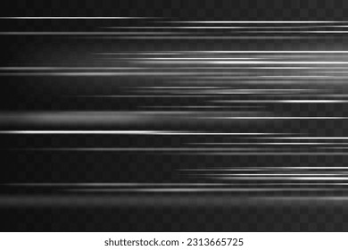 White horizontal lens flares pack. Blurred light trails. Laser beams, horizontal rays. White glowing line. Luminous abstract sparkling lined background. Glowing lines with sparkles. Vector