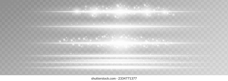 Paquete de bengalas horizontales blancas. Vigas láser, rayos de luz horizontales. Bonitas bengalas. Rasgos brillantes sobre el fondo de la luz. Luminoso fondo de reluciente abstracto