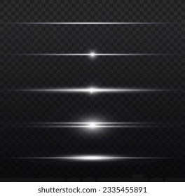 White horizontal lens flares pack. Luminous abstract sparkling lined background. PNG. Abstract motion lines. Special line flash light effect. Laser beams, horizontal light rays. Vector illustration.