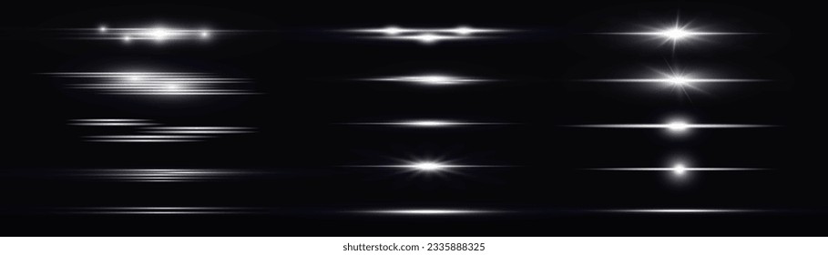 White horizontal lens flares pack. Luminous abstract sparkling lined background. PNG. Abstract motion lines. Special line flash light effect. Laser beams, horizontal light rays. Vector illustration.