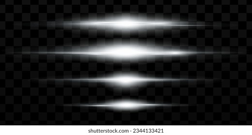 White horizontal lens flares pack. Laser beams, horizontal light rays. Beautiful light flares. Glowing streaks on light background. Luminous abstract sparkling lined background.