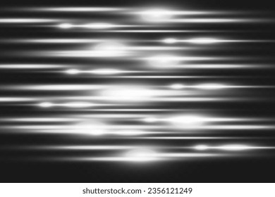 White horizontal lens flares pack. Laser beams, horizontal light rays. Beautiful light flares. Glowing streaks on light background. Luminous abstract sparkling lined background