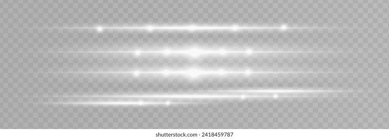 Paquete de bengalas horizontales blancas. Vigas láser, rayos de luz horizontales. Bonitas bengalas. Rasgos brillantes sobre el fondo de la luz. Luminoso fondo de reluciente abstracto