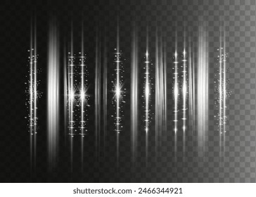 Paquete de destellos de lente Horizontal blanca. Rayos láser, rayos de luz Horizontal. Hermosas bengalas. Rayas brillantes sobre fondo claro. Fondo brillante abstracto luminoso alineado