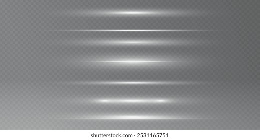 White horizontal lens flares pack. Laser beams, horizontal light rays. Beautiful light flares. Glowing streaks on light background. Light line effect white png. star.