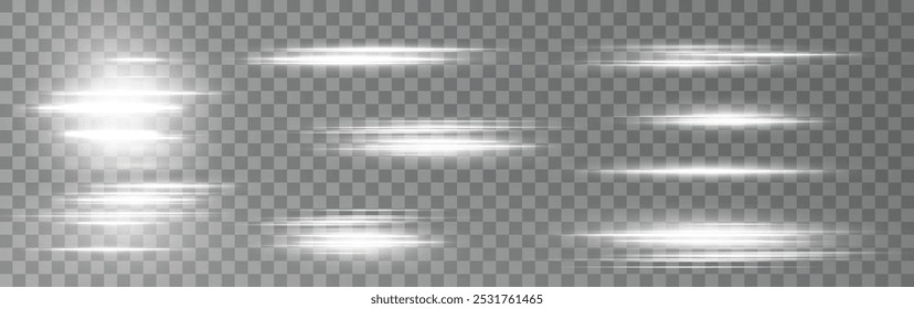 Lente branca horizontal flares pack. Feixes de laser, raios de luz horizontais. Lindo clarões de luz. Listras brilhantes no plano de fundo escuro. Luz de efeito de coleta Png de linha branca.	