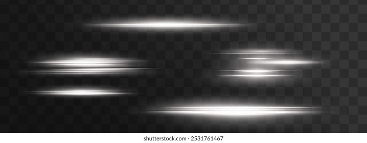 White horizontal lens flares pack. Laser beams, horizontal light rays. Beautiful light flares. Glowing streaks on dark background. Collection effect light White line png.	