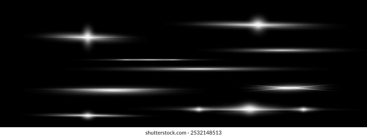 White horizontal lens flares pack. Laser beams, horizontal light rays. Beautiful light flares. Glowing streaks on light background. Light line effect white png. star.