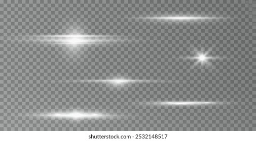 Paquete de destellos de lente Horizontal blanca. Rayos láser, rayos de luz Horizontales. Hermosas bengalas de luz. Rayas brillantes sobre fondo claro. Efecto de línea de luz blanco png. estrella.
