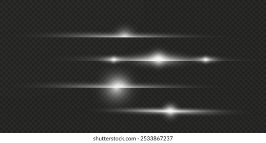  White horizontal lens flares pack. Laser beams, horizontal light rays. Beautiful light flares. Glowing streaks on light background. Light line effect White png.
