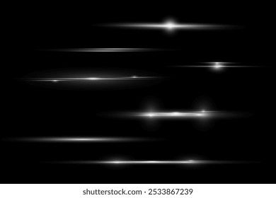  White horizontal lens flares pack. Laser beams, horizontal light rays. Beautiful light flares. Glowing streaks on light background. Light line effect White png.