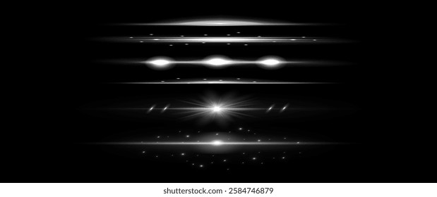 White horizontal lens flares pack. Laser beams, horizontal light rays. Beautiful light flares. Glowing streaks on light background. Luminous abstract sparkling lined background