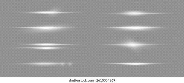 White horizontal lens flares pack. Laser beams, horizontal light rays. Beautiful light flares. Glowing streaks on light background. Luminous abstract sparkling lined background
