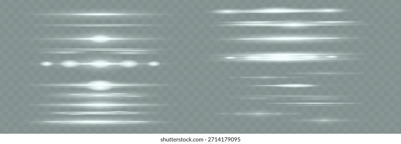 White horizontal lens flares pack. Laser beams, horizontal light rays. Beautiful light flares.