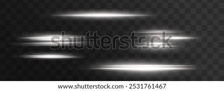 White horizontal lens flares pack. Laser beams, horizontal light rays. Beautiful light flares. Glowing streaks on dark background. Collection effect light White line png.	