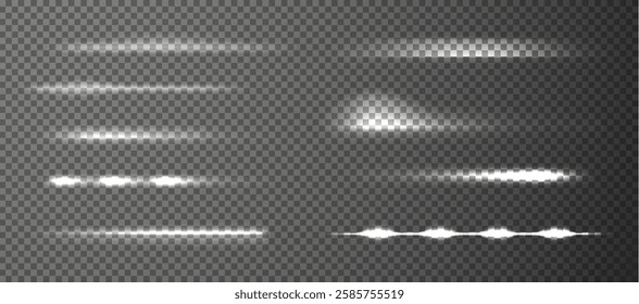 White horizontal lens flares. Shiny white light beams with a futuristic neon glow. Luminous abstract sparkling lined