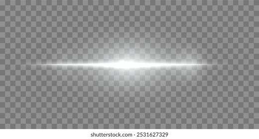 White horizontal lensflare. Light flash with rays or spotlight and bokeh. Silver glow flare light effect. Vector illustration. Isolated on transparent background.