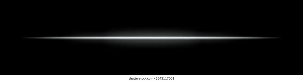Feixe de luz horizontal branco. Listra a laser brilhante com brilho suave e desvanecimento das bordas no fundo escuro. Perfeito para ficção científica, transições, erupções futuristas ou efeitos de luz abstratos.