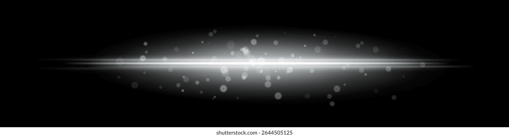 White horizontal light beam with glowing dust particles and radiant motion blur on black background. Perfect for fantasy transitions, luxury effects, or magical digital overlays.