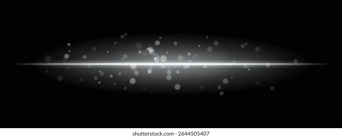 White horizontal light beam with glowing dust particles and intense aura on transparent background. Dynamic sci-fi flare ideal for energy effects, laser HUDs, or dramatic transitions.