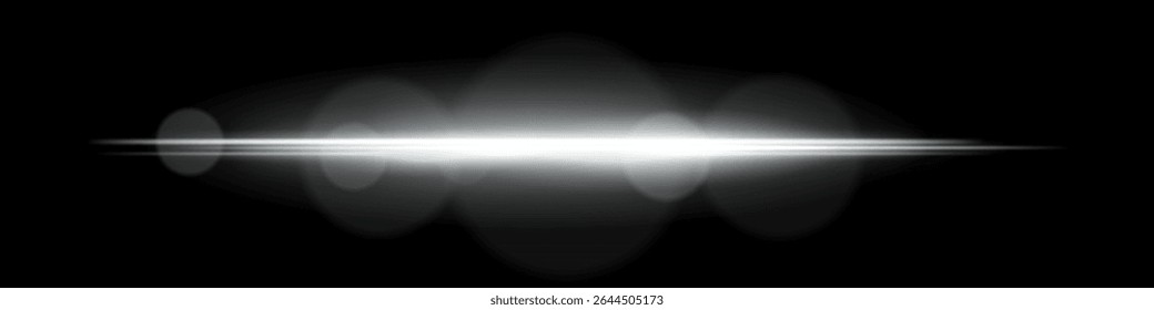 White horizontal light beam with intense glow and lens flare circles on black background. Ideal for cinematic transitions, sci-fi UI effects, or dramatic glowing overlays.