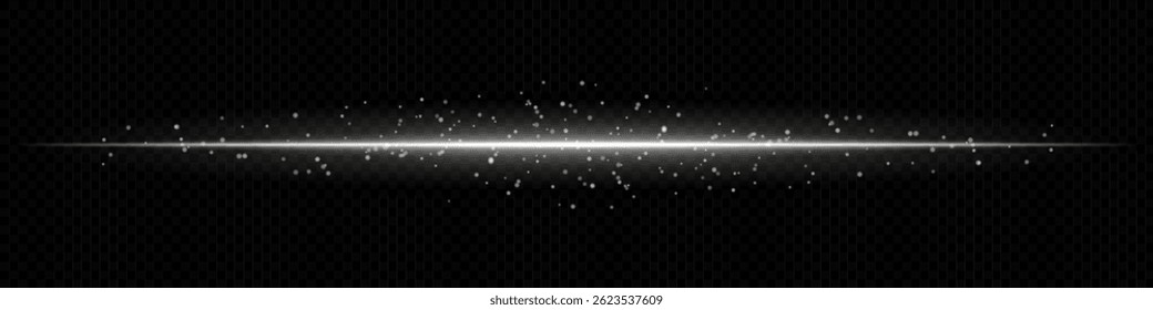 White horizontal light beam with scattered particles on dark transparent background. Ideal for magical effects, data transmission, or futuristic transitions.