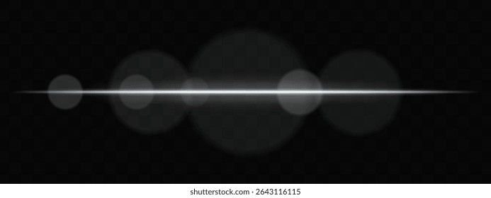 White horizontal light beam with soft glare circles on transparent background. Clean cinematic lens flare for sci-fi, tech transitions, or bright glowing UI overlays.