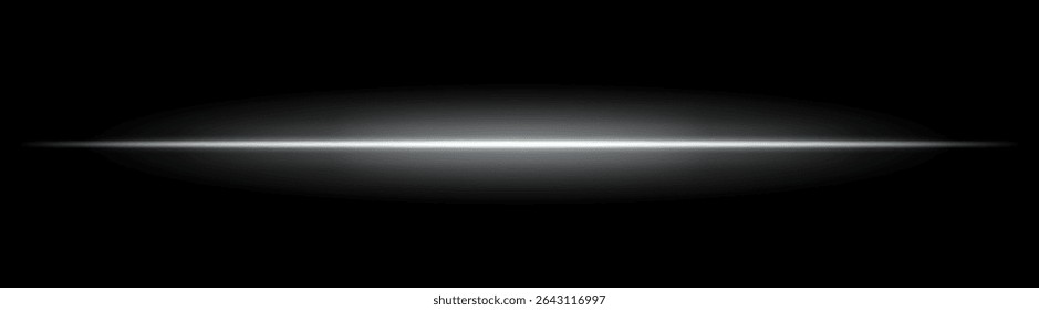 White horizontal light beam with soft radial glow on black background. Sleek minimal flare ideal for sci-fi transitions, modern lighting effects, or cinematic glow overlays.