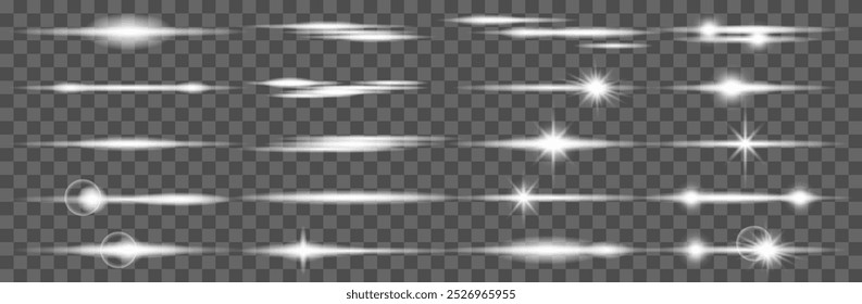 White horizontal lines light flare on transparent background. Neon glow with sparkles and beams. Set of vector suns. Magic flash laser strip divider with glitter shimmer design illustration.