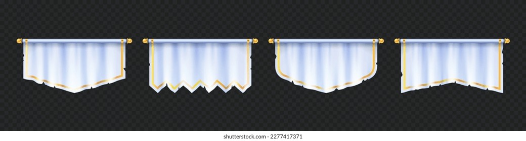 Burla blanca horizontal de la inclinación, Banner vectorial de bandera medieval vacío. Signo textil de equipo en blanco realista. El estándar colgante se burla. Banda 3d aislada sobre fondo transparente con borde dorado.