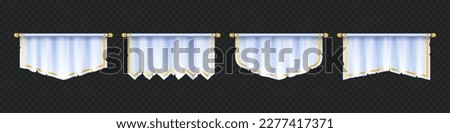 White horizontal pennant mockup, Empty medieval flag vector banner. Realistic blank team textile sign. Hanging bunting standard mock up. Isolated 3d badge on transparent background with gold border.