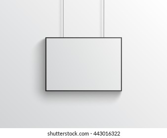 White Horizontal Poster With Black Frame Mockup On Grey Wall