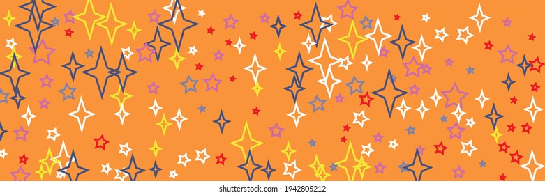 White Horizontal Red Yellow Santa Vivid Sky Wallpaper. Bright Orange New Year Stars Green Chaotic Print Background. Blue Multicolor Holiday Violet Colorful Christmas Vibrant Stars Ornament.