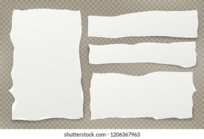 White horizontal ripped strips, note, notebook paper for text or message on brown squared background