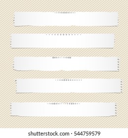 White horizontal torn note, notebook, copybook paper stripes stuck on brown striped pattern