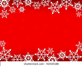 White horizontal winter frame of snowflakes with shadows on a red background. Greeting Christmas card