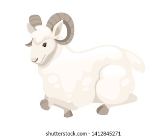 White horned mountain ram sheep sit on floor cartoon character design flat vector animal illustration isolated on white background.