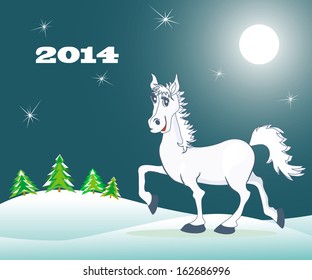The white horse against a night winter landscape. Symbol of 2014.