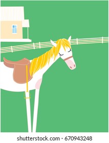 White horse with close up eyes standing in the field on the farm. Fence and house on the background. Vector illustration.