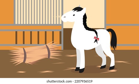 white horse eats hay in the stable