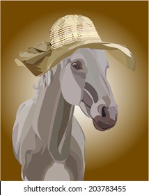 White horse in a hat on a brown background. Hand traced with path tool.