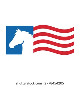 White horse head on blue background with red waving flag, symbolizing freedom and patriotism.