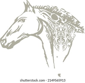 White horse head symbol with linear pattern for emblems or prints on T-shirts. Textured stallion head for logos, fashion, textiles, wallpaper, interior solutions, embroidery, web icons, fabric, etc. 