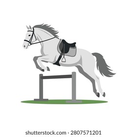 White horse jumping over a hurdle in an equestrian event. A stylized white horse leaps over a gray fence on a green lawn. Simple flat art style in monochrome shades. Ideal for equestrian sports club logos or competition marketing materials.